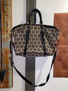 Michael Kors Black and Beige MK Monogram Satchel with Crossbody Strap